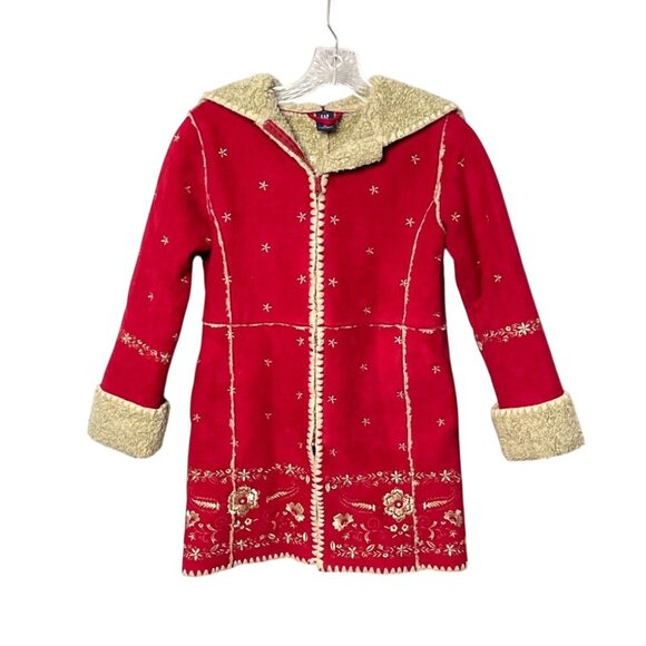 Vintage Y2K Gap Kids Red Embroidered Hooded Coat Sherpa Lined Long Sleeve Size 8 - Picture 6 of 6